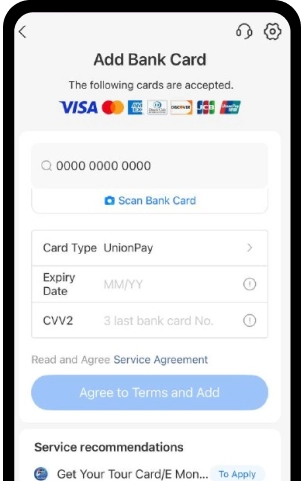 В поле “тип карты” выберите UnionPay, введите срок действия карты и код безопасности